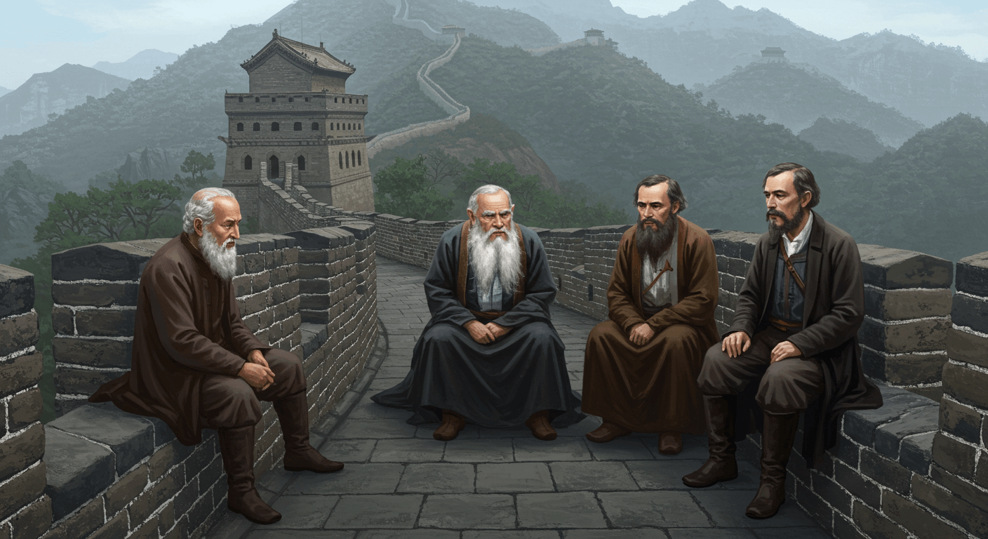 Seneca, Tolstoy and Dostoevsky are sitting on the Great Wall of China talking abou