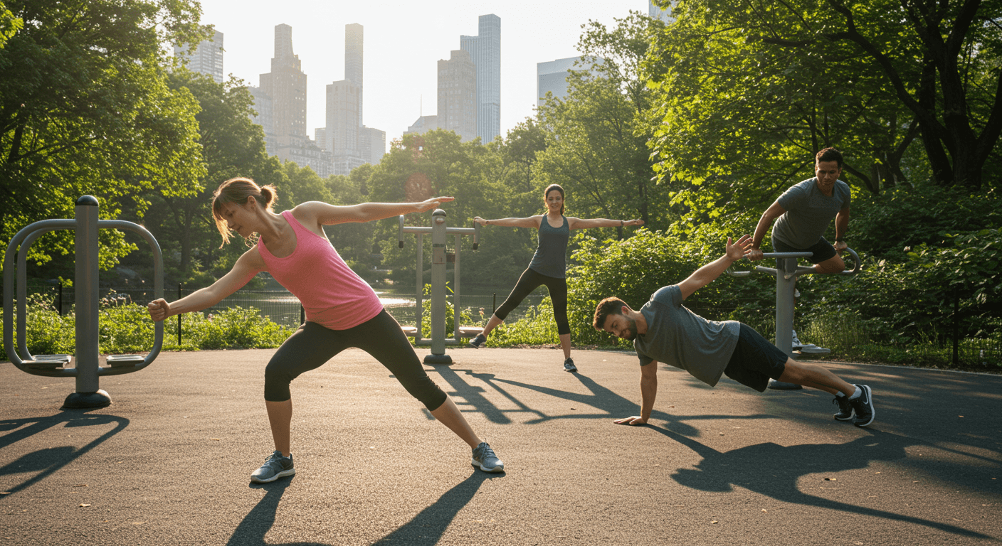 pessoas fazendo exercícios ao ar livre no central park