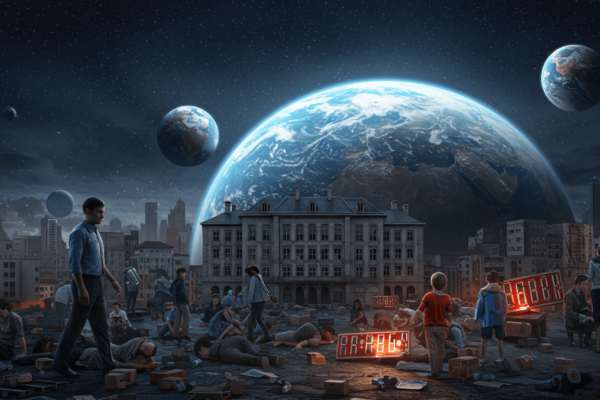 a group of people in a city with a large planet in the background