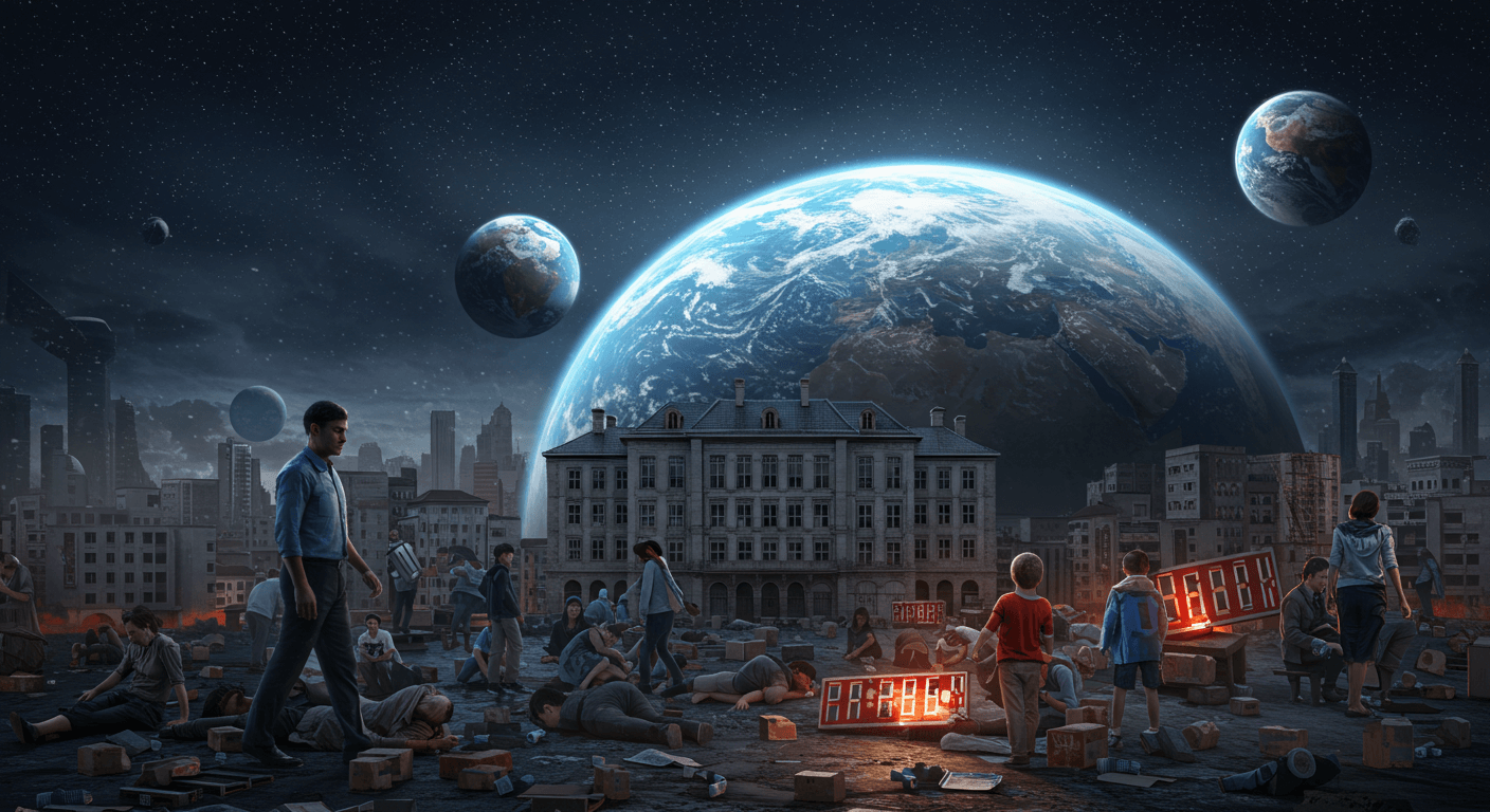 a group of people in a city with a large planet in the background