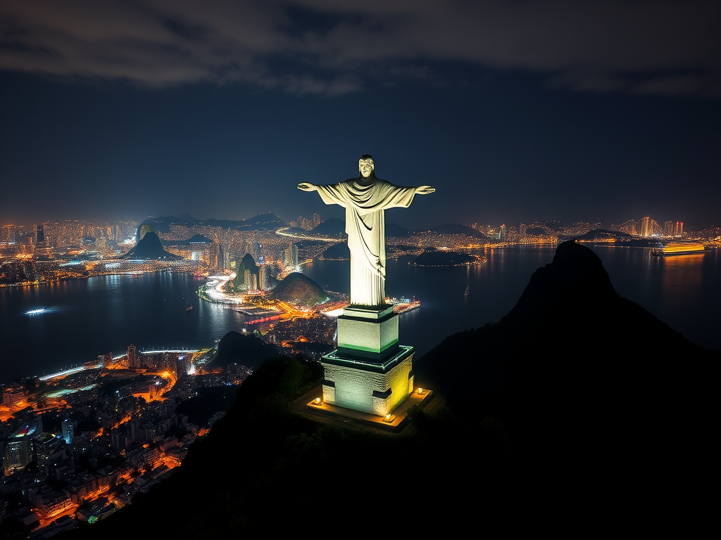 a statue on a hill with a city in the background