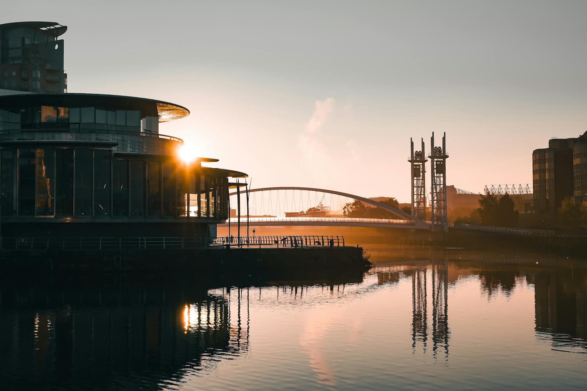 sunrise at salford quays with reflection