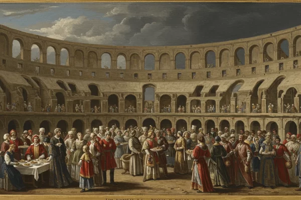 a painting of a group of people in a circle in a coliseum