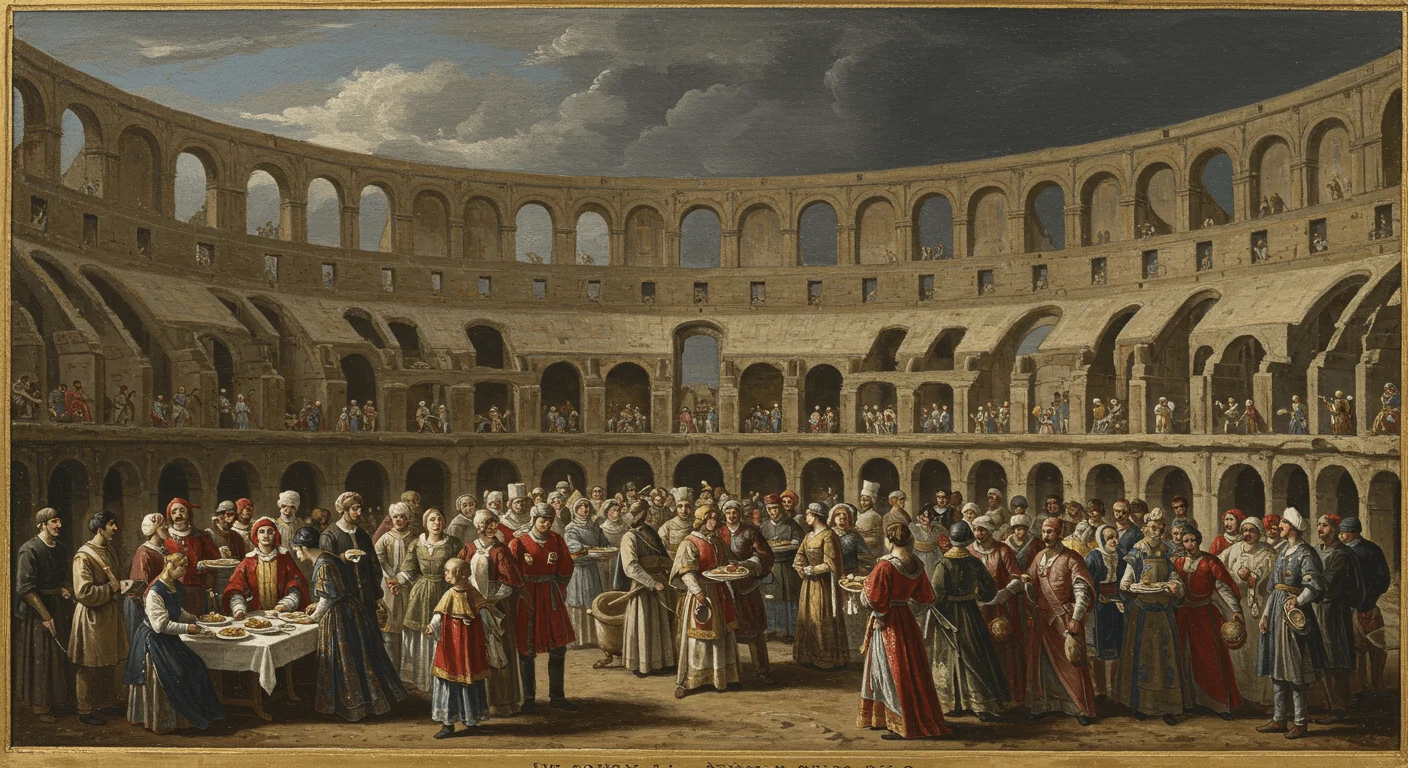 a painting of a group of people in a circle in a coliseum